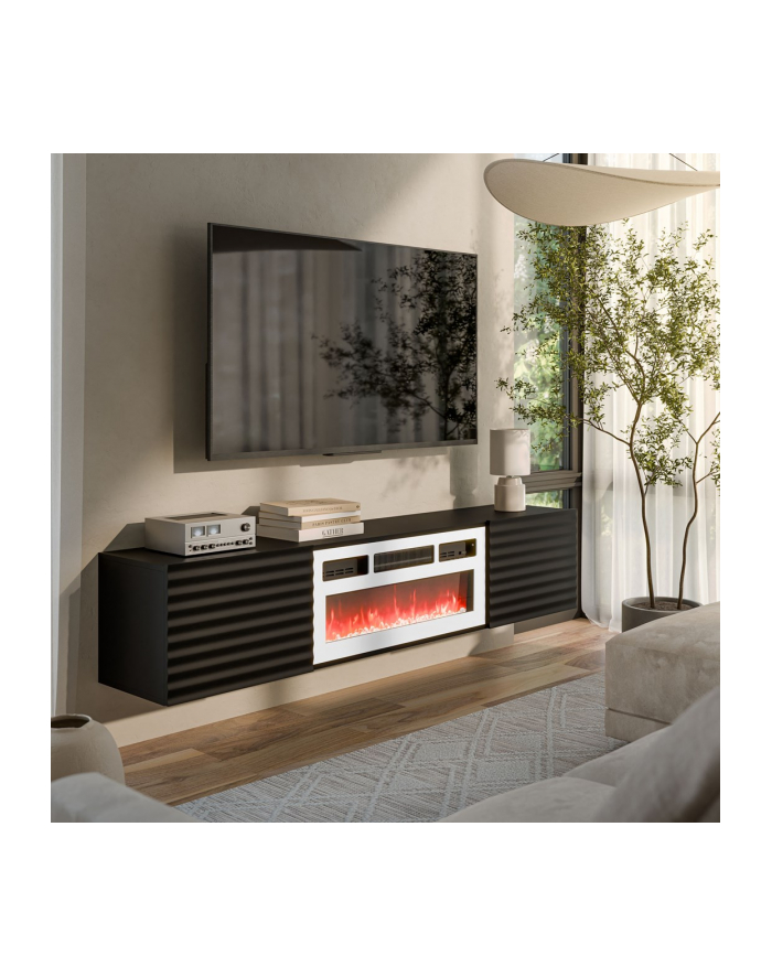 cama meble Szafka RTV TULA 183x35x37 czarny mat + biały kominek główny