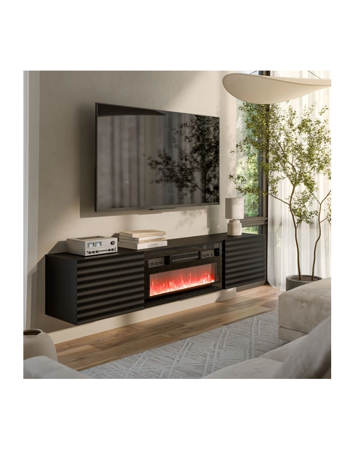 cama meble Szafka RTV TULA 183x35x37 czarny mat + czarny kominek główny