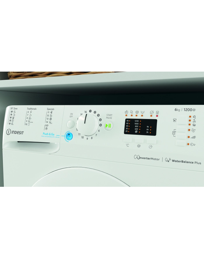 IND-ESIT | Pralka | BWSA 61294 W (wersja europejska) N | Klasa efektywności energetycznej C | Załadunek od przodu | Pojemność prania 6 kg | 1151 obr/min | Głębokość: 42,5 cm | Szerokość 59,5 cm | Wyświetlacz | Duża cyfra | Biały główny