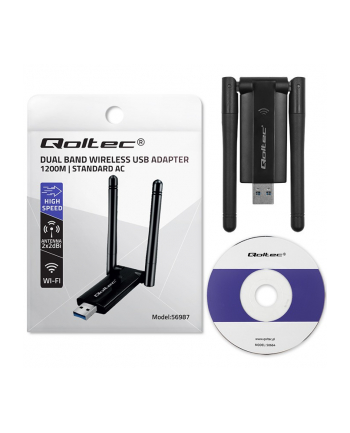 qoltec Szybki bezprzewodowy adapter USB DUAL Wi-Fi 2 x 2dBi | Standard  AC | USB 3.0 | 1200Mbps