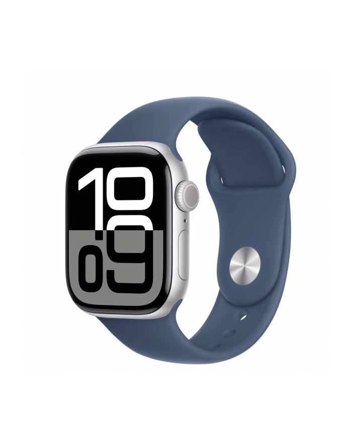 apple Watch Series 10 GPS, koperta 42 mm z aluminium w kolorze srebrnym z paskiem sportowym w kolorze denim - rozmiar S/M główny