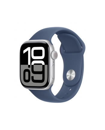 apple Watch Series 10 GPS, koperta 42 mm z aluminium w kolorze srebrnym z paskiem sportowym w kolorze denim - rozmiar S/M