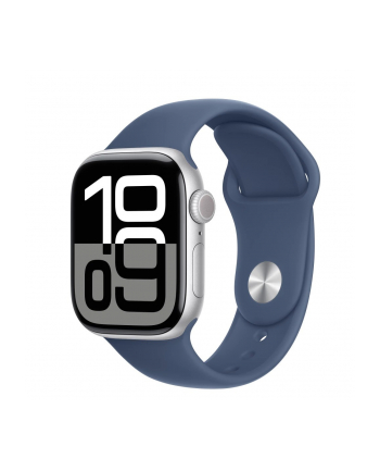 apple Watch Series 10 GPS, koperta 42 mm z aluminium w kolorze srebrnym z paskiem sportowym w kolorze denim - rozmiar M/L