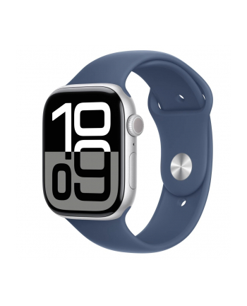 apple Watch Series 10 GPS, koperta 46 mm z aluminium w kolorze srebrnym z paskiem sportowym w kolorze denim - rozmiar M/L