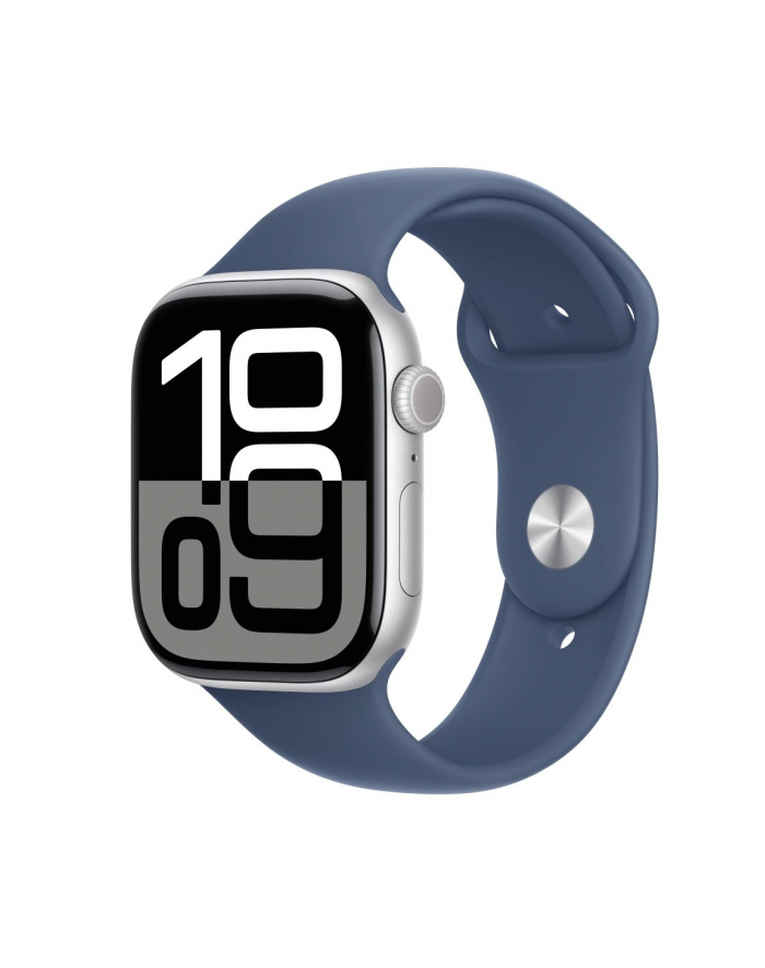 apple Watch Series 10 GPS, koperta 46 mm z aluminium w kolorze srebrnym z paskiem sportowym w kolorze denim - rozmiar M/L główny