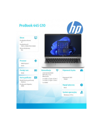 hp inc. Notebook ProBook 445 G10 R7-7730U 512GB/16GB/W11P/14.0   968R6ET