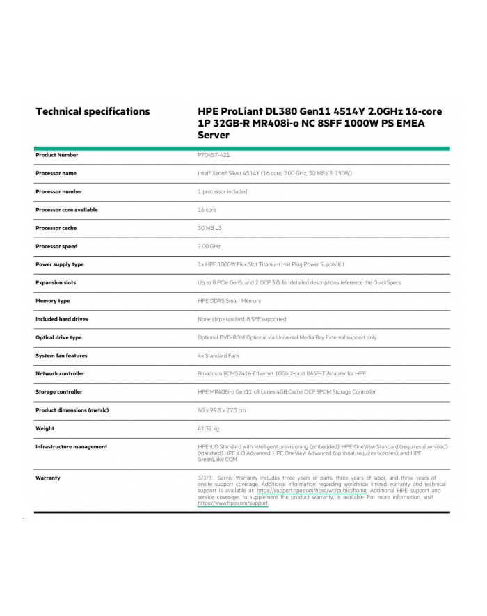 hewlett packard enterprise HPE ProLiant DL380 Gen11 Intel Xeon Silver 4514Y 2.0GHz 16c 1P 128GB-R 8SFF NS204i-u NC BCM57416 2x1000W PS (wersja europejska) Server główny