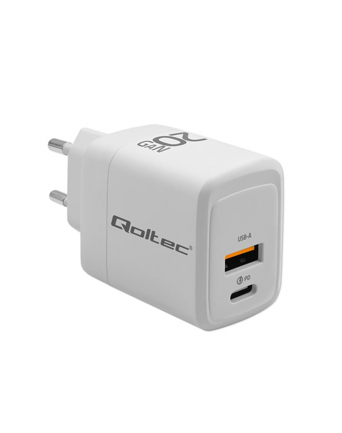 qoltec Ładowarka sieciowa 20W GaN | 5-20V | 1.5-3A | 1xUSB-C PD | 1xUSB QC 3.0 | Biała główny