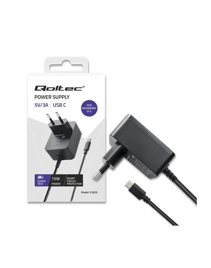 qoltec Ładowarka Super FAST PD for Raspberry PI 4 | USB-C | 15W | 5V |  3A | Czarna główny