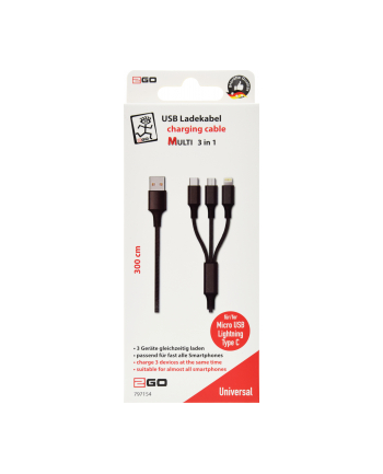 2GO  KABEL DO ŁADOWANIA USB 3 W 1 - CZARNY - 300 CM  ()