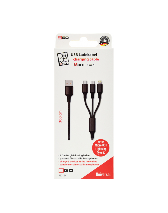 2GO  KABEL DO ŁADOWANIA USB 3 W 1 - CZARNY - 300 CM  () główny