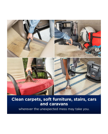 Bissell SpotClean Cordless 3681N Pojemność zbiornika na czystą wodę [l]: 0,9 | Pojemność zbiornika na wodę brudną [l]: 0,8 | Czas pracy [min]: 35 w trybie eco, 20 w trybie turbo nr 2