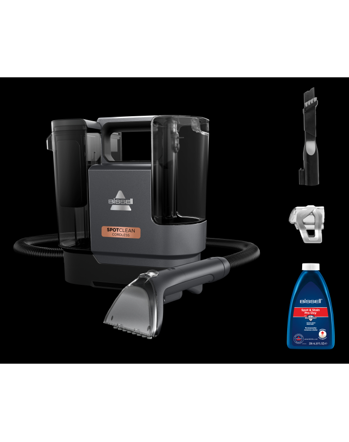 Bissell SpotClean Cordless 3681N Pojemność zbiornika na czystą wodę [l]: 0,9 | Pojemność zbiornika na wodę brudną [l]: 0,8 | Czas pracy [min]: 35 w trybie eco, 20 w trybie turbo główny