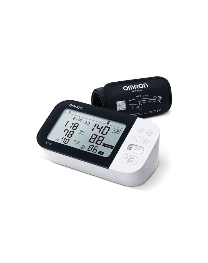 Omron M7 Intelli IT AFib czarny Rodzaj: naramienny | Rozmiar mankietu [cm]: 22-42 | Sposób pompowania: automatyczne | Zasilanie:| Funkcje pamięci: tak główny