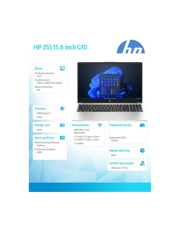 hp inc. Notebook 255 G10 R7-7730U 512GB/16GB/W11Pro/15,6 cali AD1A9ET główny