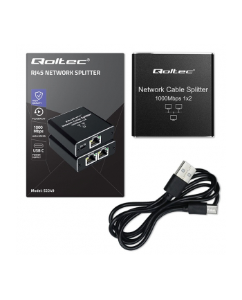 qoltec Rozdzielacz Splitter mini SWITCH 1x2 port RJ45 | 1000Mbps | USB-C| Aluminium