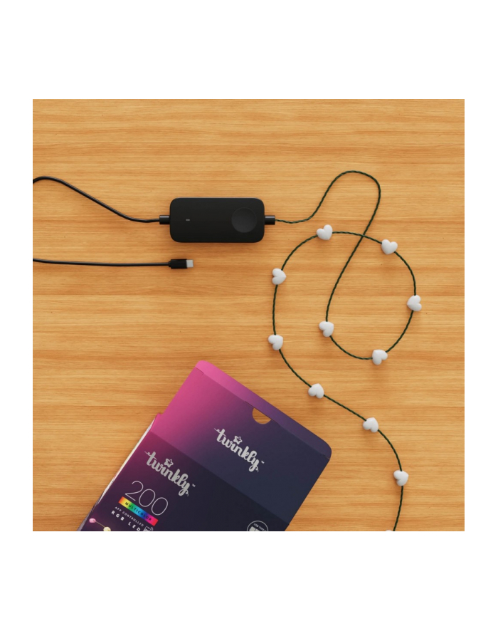twinkly Inteligentne lampki dekoracyjne Strings USB-C (Candies) 200 LED RGB, serca, zielony przewód, 12 m główny