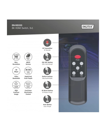 digitus Przełącznik/Switch 8K HDMI 3x1, 60Hz (4:4:4), HDR, HDCP 2.3, pilot, Czarny nr 1