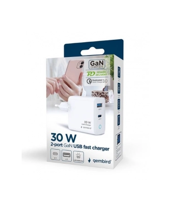 gembird Ładowarka USB-A/C GaN LED 30W PD QC3.0 biała