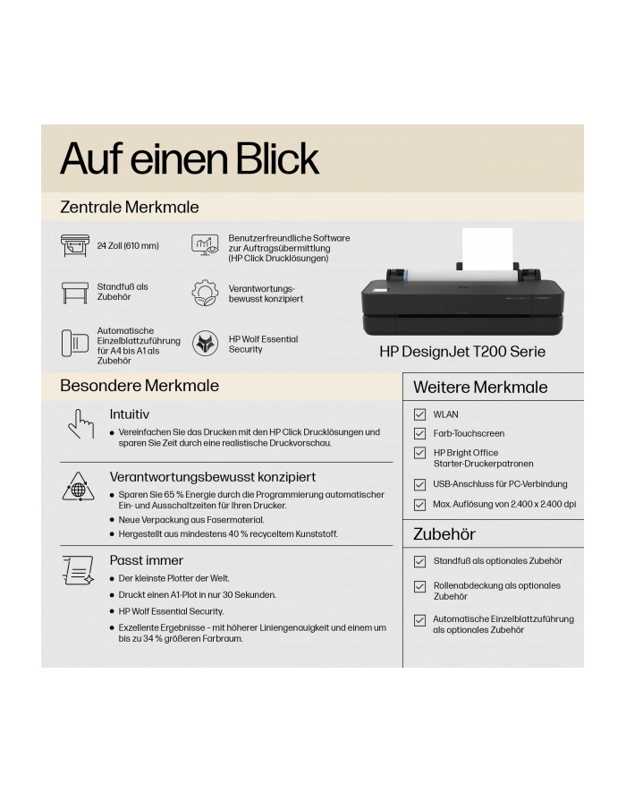 hp inc. HP DesignJet T250 24inch LFP 2025 Colour Ink-Jet A1 ANSI D 2400x1200dpi 0.5 min/page USB LAN Wi-Fi główny