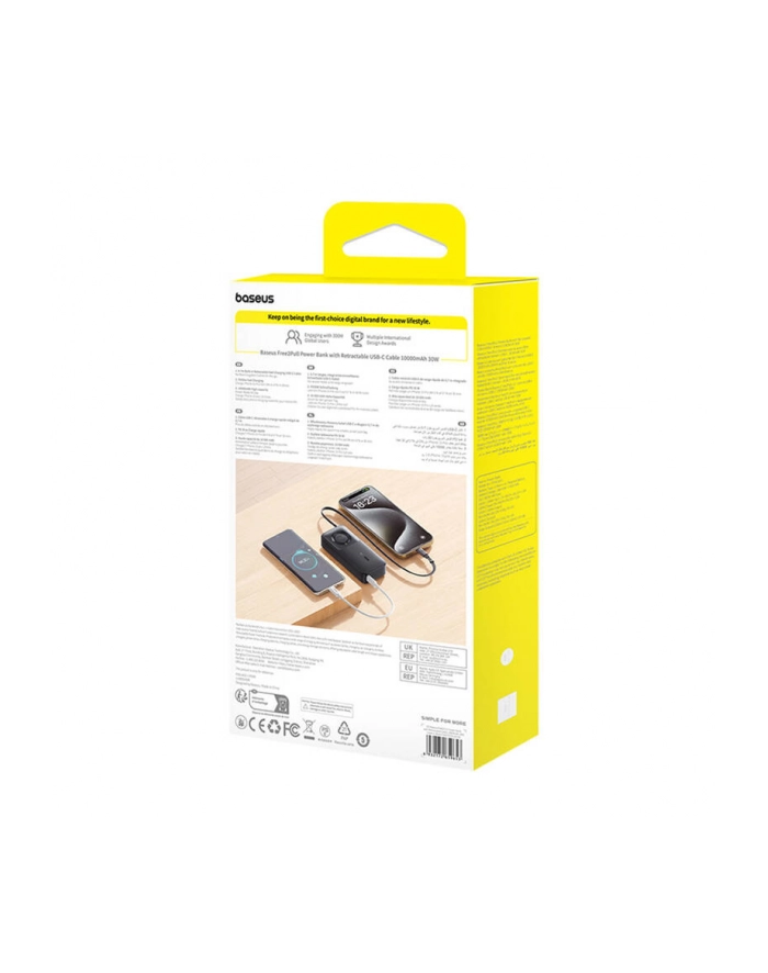 Baseus Free2Pull 10000mAh 30W z portem USB-C i rozwijanym kablem USB-C czarny główny