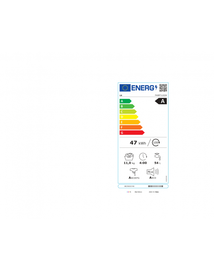 LG | Pralka | F4WR711S2W | Klasa efektywności energetycznej A - 10% | Załadunek od przodu | Pojemność prania 11 kg | 1400 obr/min | Głębokość: 55,5 cm | Szerokość 60 cm | Wyświetlacz | DOPROWADZIŁO | Funkcja pary | Napęd bezpośredni | Sieć Wi-Fi | B główny