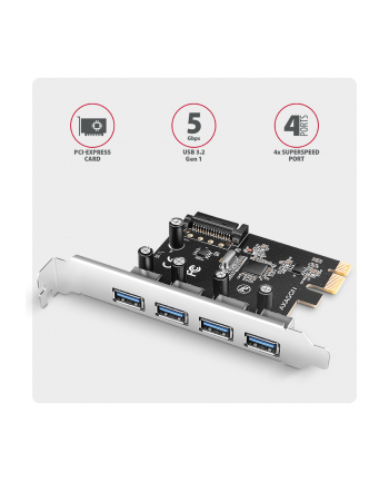 axagon PC(wersja europejska)-430RS Kontroler PCIe 4x port USB 3.2 GEN 1, UASP, chipset  Renesas, 15-pin SATA zasilacz