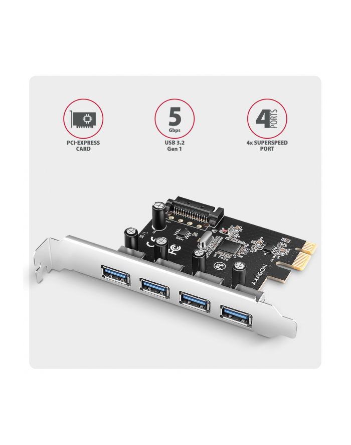 axagon PC(wersja europejska)-430RS Kontroler PCIe 4x port USB 3.2 GEN 1, UASP, chipset  Renesas, 15-pin SATA zasilacz główny