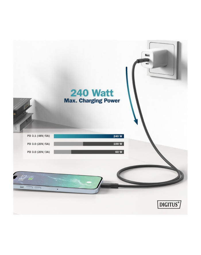 digitus Kabel połączeniowy silikonowy USB-C - USB-C, USB 4 Gen3 40G 8K 240W, 0,5m Czarny główny