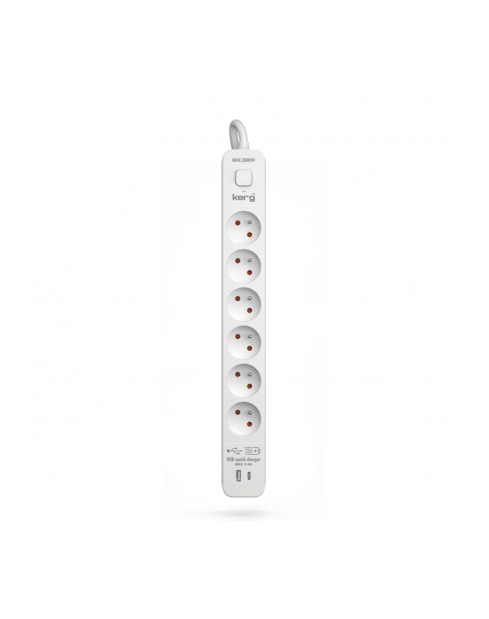 Urządzenie zasilające zabezpieczające KERG z wyłącznikiem 6 gniazd USB-C USB-A białe 3m 16A H05VV-F 3x1,5mm2 główny