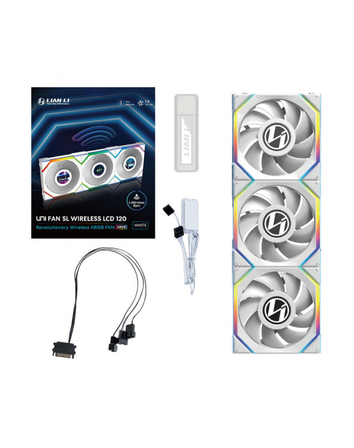 Lian Li UNI FAN SL Bezprzewodowy wentylator LCD, ARGB, PWM, 3-pak z kontrolerem - 120 mm, biały główny
