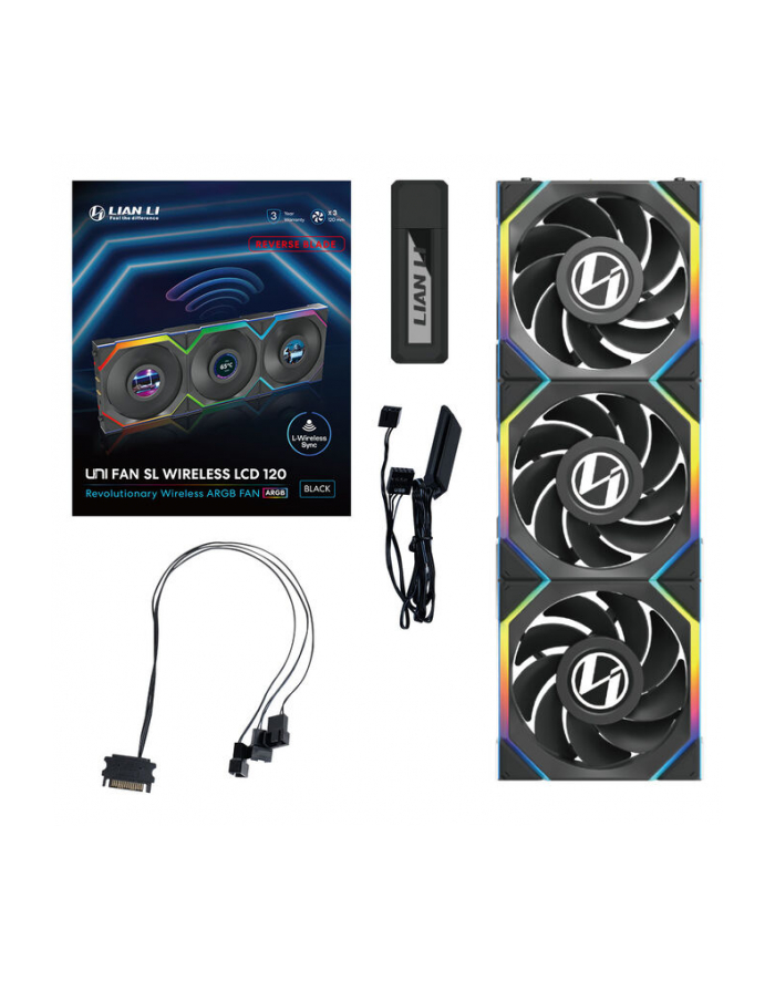 Lian Li UNI FAN SL Bezprzewodowy wentylator LCD, ARGB, PWM, 3-pak z kontrolerem - Reverse Blade, 120 mm, główny
