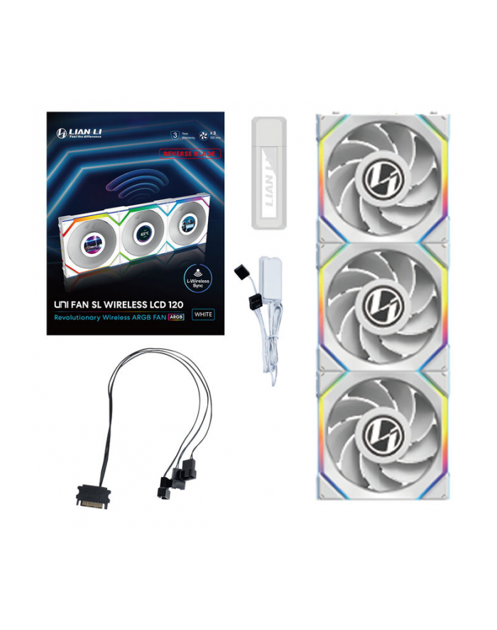 Lian Li UNI FAN SL Bezprzewodowy wentylator LCD, ARGB, PWM, 3-pak z kontrolerem - Reverse Blade, 120 mm, biały główny