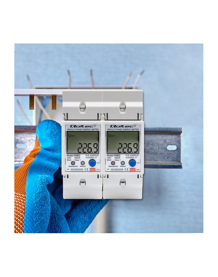 qoltec Jednofazowy elektroniczny licznik | miernik zużycia energii na szynę DIN | 230V | LCD | Wi-Fi główny