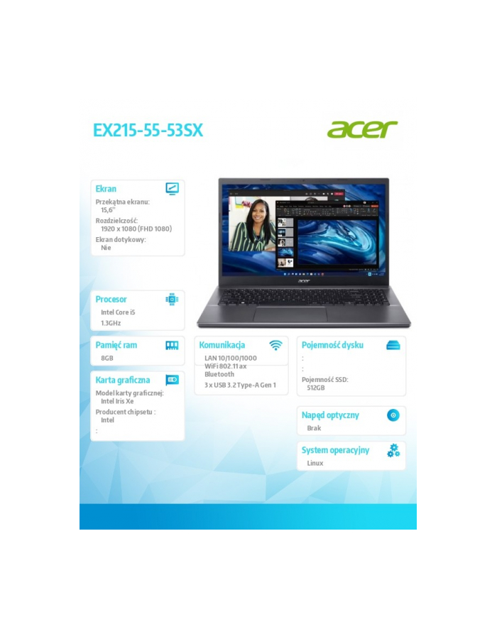 acer Laptop Extensa 15 EX215-55-53SX i5-1235U 15.6 FHD 8GB 512GB Linux główny