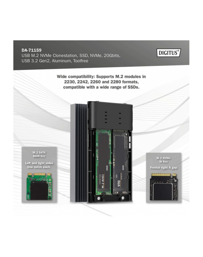 digitus Obudowa/Stacja klonująca USB 3.1 Typ C na dyski SSD M.2 NVMe 20 Gbps aluminiowa, beznarzędziowa główny