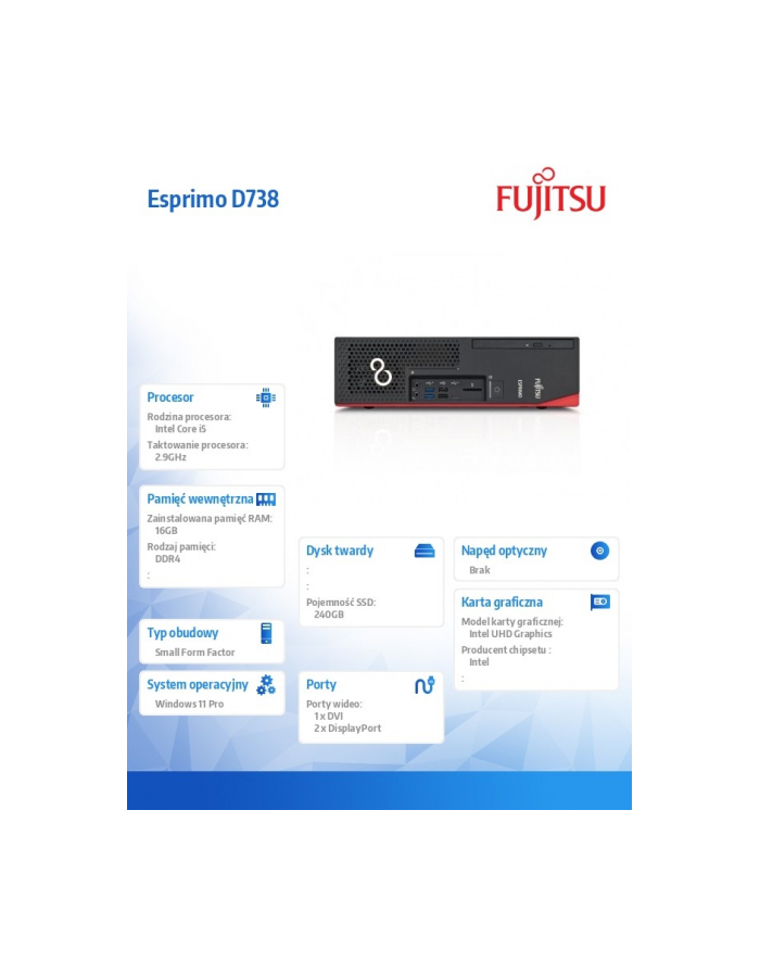 fujitsu Komputer poleasingowy Esprimo D738 SFF Core i5 9400      (9-gen.) 2,9 GHz / 16 GB / 240 SSD / Win 11 Pro główny