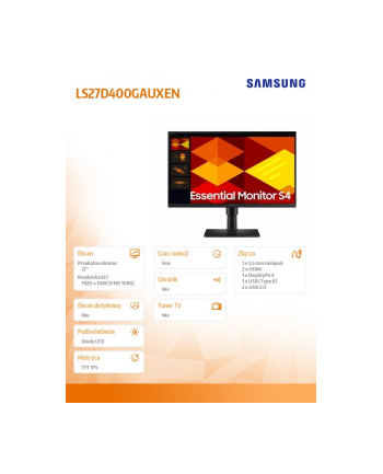 samsung Monitor 27 cali S40GD IPS 1920x1080 FHD 16:9 2xHDMI 1xDP 2xUSB-A 2.0 1xUSB-B 5ms 100Hz HAS+PIV płaski 3YOn-Site (LS27D400GAUXEN)