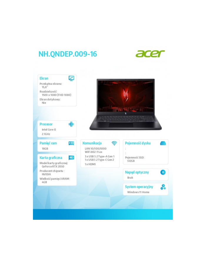 acer Notebook Nitro V 15 ANV15-51-57K8 Win11Home/i5-13420H/16GB/512GB SSD/RTX2050/15.6 '' główny