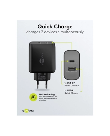 goobay USB-C dual quick charger, PD, GaN, 65 watts (black, 1x USB-C, 1x USB-A, Power Delivery)