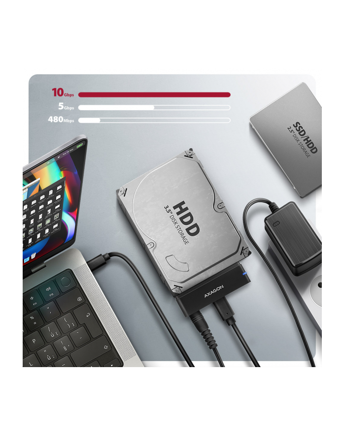 axagon ADSA-FPX Adapter USB-C 10Gbps SATA 6G 2.5'/3.5' SSD/HDD FASTPORT X, w tym zasilacz, 60cm USB-C/USB-A kabel główny