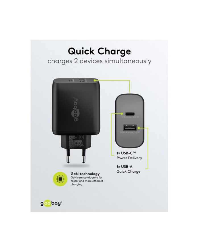 goobay USB-C dual quick charger, PD, GaN, 65 watts (black, 1x USB-C, 1x USB-A, Power Delivery) główny