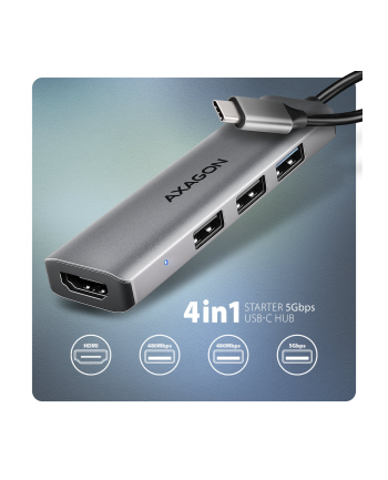 axagon HMC-H3A Wieloportowy hub USB 4in1, 5Gbps, 3x USB-A (2x USB2.0, 1x USB3.0) + HDMI 4K/30Hz, metal, 15cm USB-C kabel