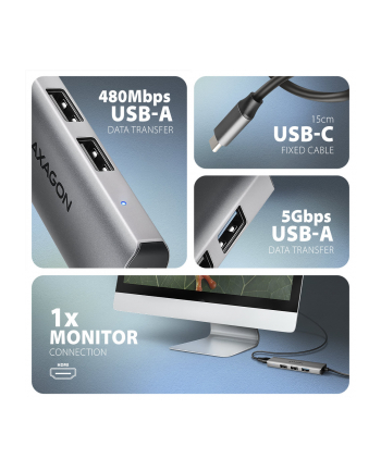 axagon HMC-H3A Wieloportowy hub USB 4in1, 5Gbps, 3x USB-A (2x USB2.0, 1x USB3.0) + HDMI 4K/30Hz, metal, 15cm USB-C kabel