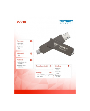 patriot Dysk zewnętrzny SSD 1TB PVP30 Duo Compact 1000/1000 MB/s USB 3.2 USB-C