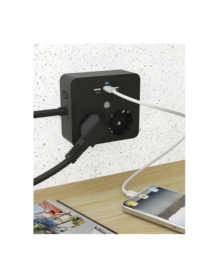 ICY BOX power strip IB-MPS2220B-CH, 2-way, 3x USB (black, 1.9 meter cable, switch) główny