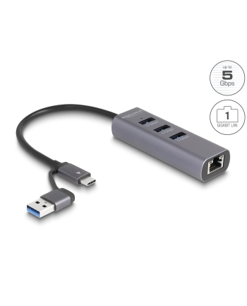 DeLOCK 3 Port USB 5 Gbps Hub + Gigabit LAN with USB Type-C, Docking Station (grey)