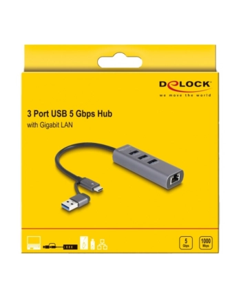 DeLOCK 3 Port USB 5 Gbps Hub + Gigabit LAN with USB Type-C, Docking Station (grey)