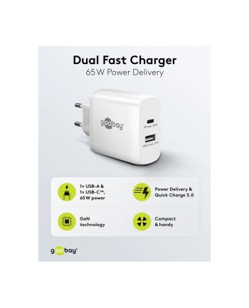 goobay USB-C dual fast charger, PD, GaN, 65 watts (BIAŁY, 1x USB-C, 1x USB-A, Power Delivery) nr 2
