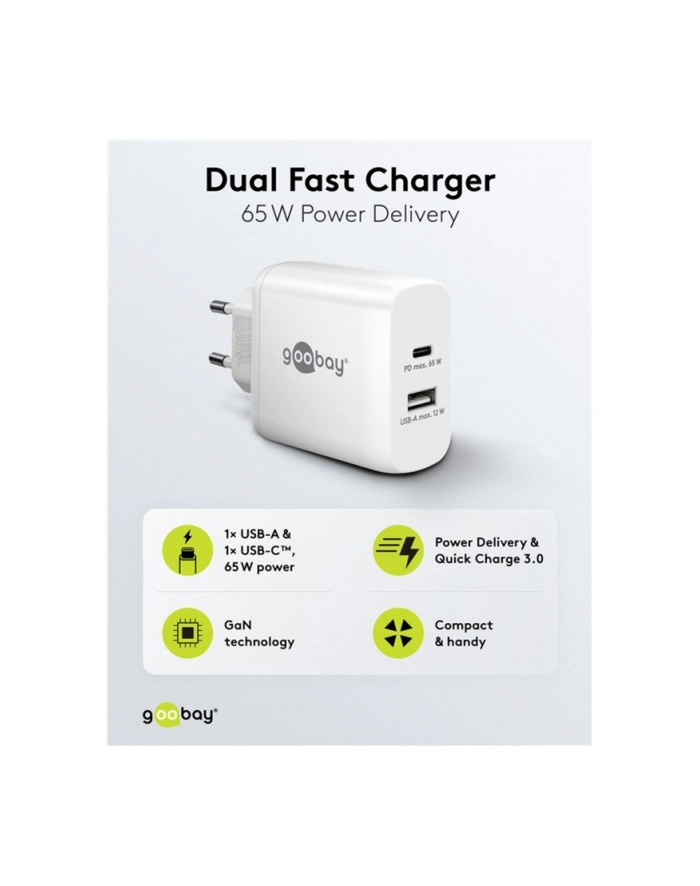 goobay USB-C dual fast charger, PD, GaN, 65 watts (BIAŁY, 1x USB-C, 1x USB-A, Power Delivery) główny